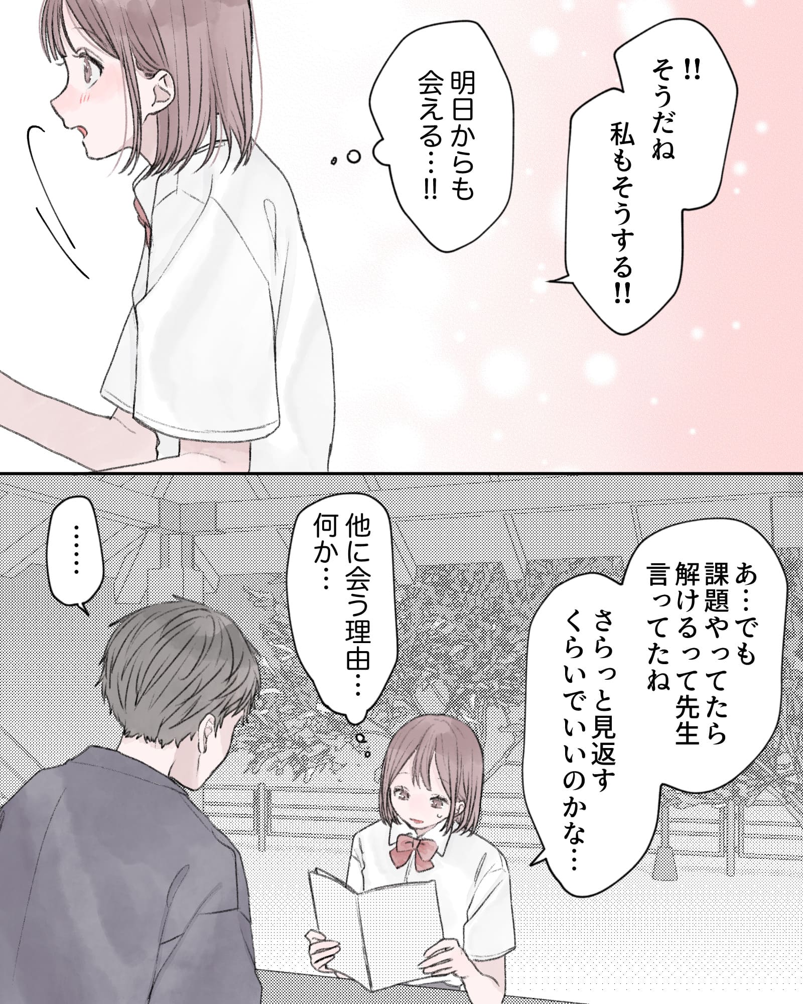 「!!そうだね、私もそうする!!」
（明日からも会える…!!）
「あ…でも課題やってたら解けるって先生言ってたね。さらっと見返すくらいでいいのかな…」
（他に会う理由…何か…）
「……」