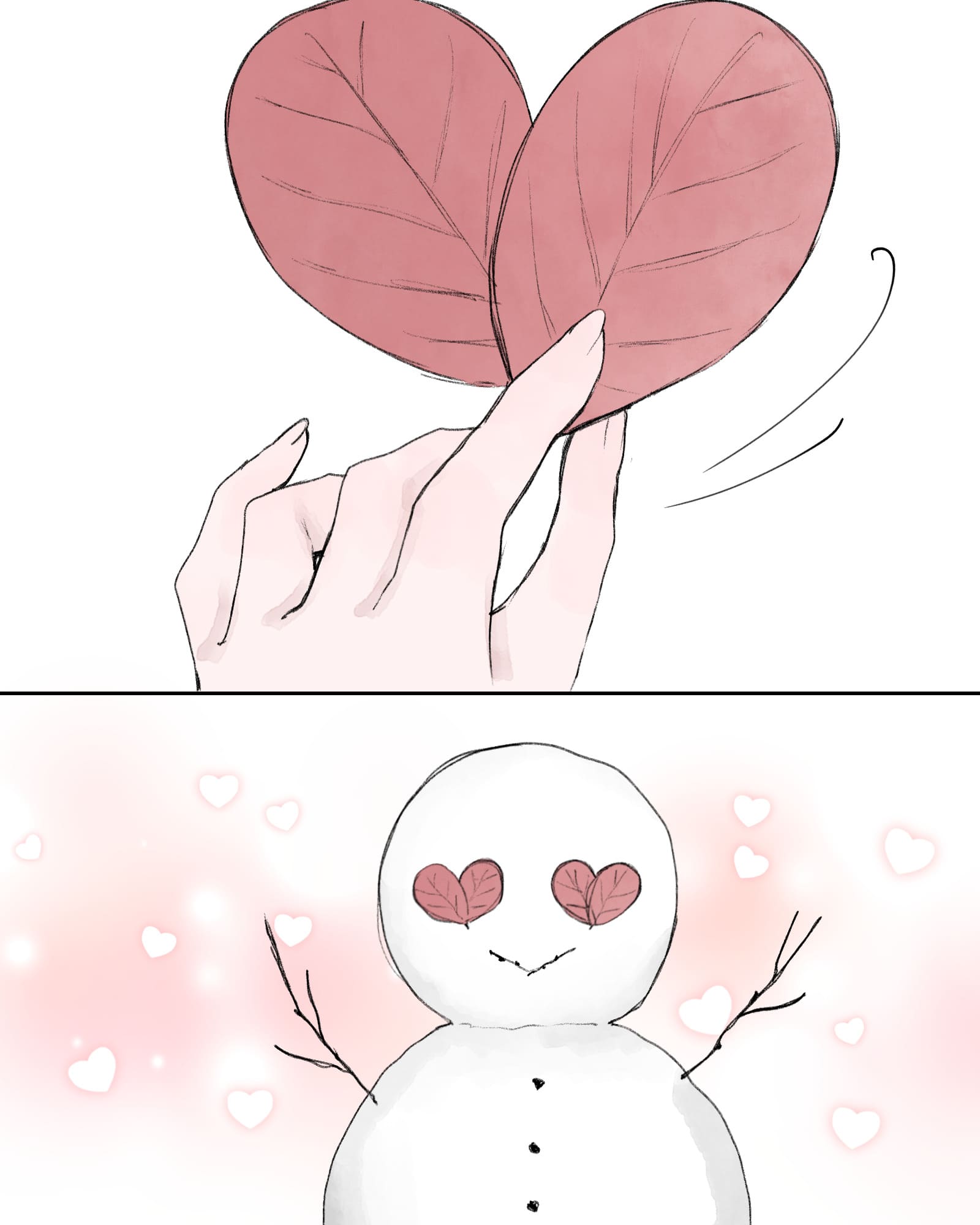 ※ハート型に葉っぱを置いた雪だるま