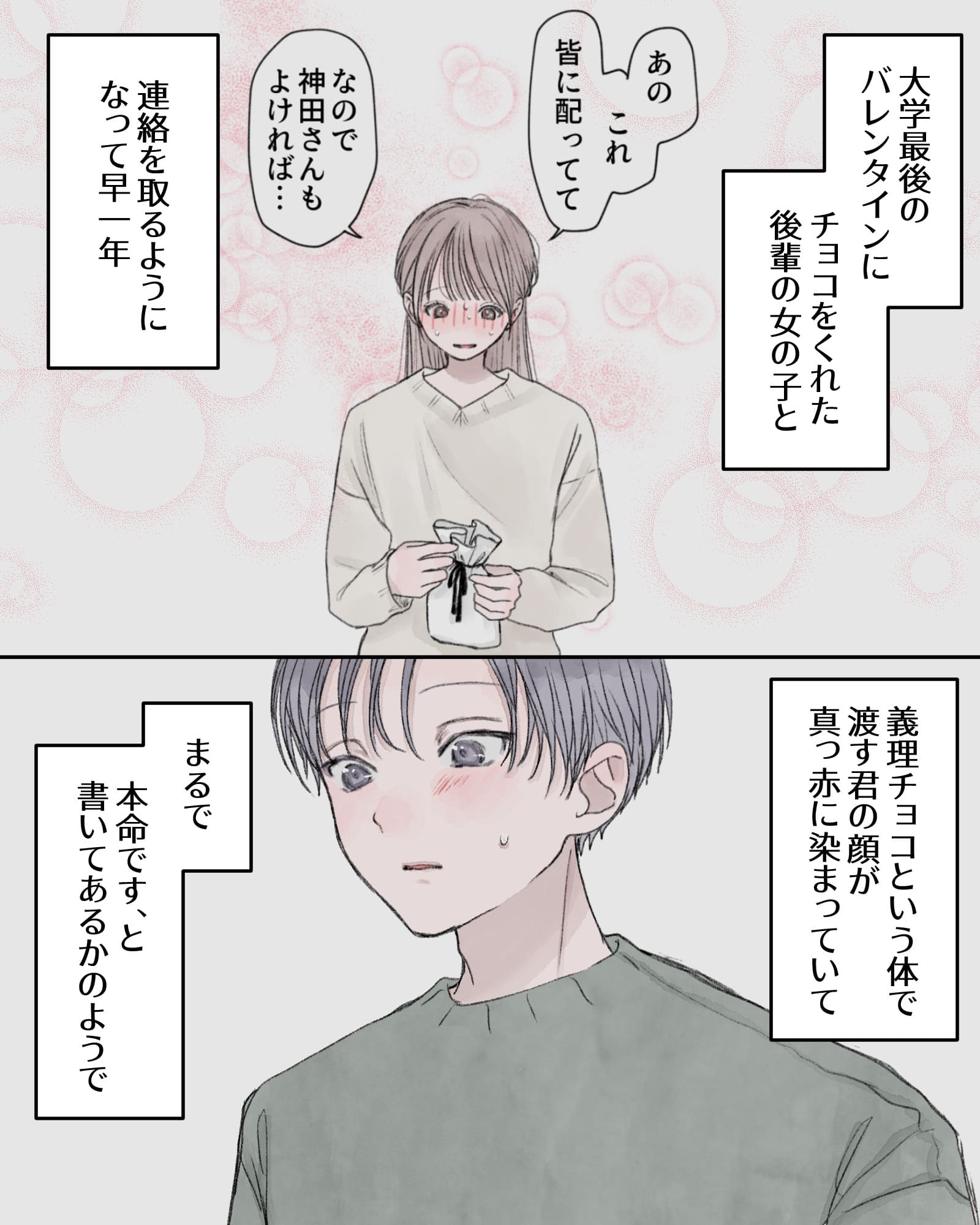 ――大学最後のバレンタインに、チョコをくれた後輩の女の子と、連絡を取るようになって早一年。
義理チョコという体で渡す君の顔が真っ赤に染まっていて、まるで、本命です、と書いてあるかのようで。